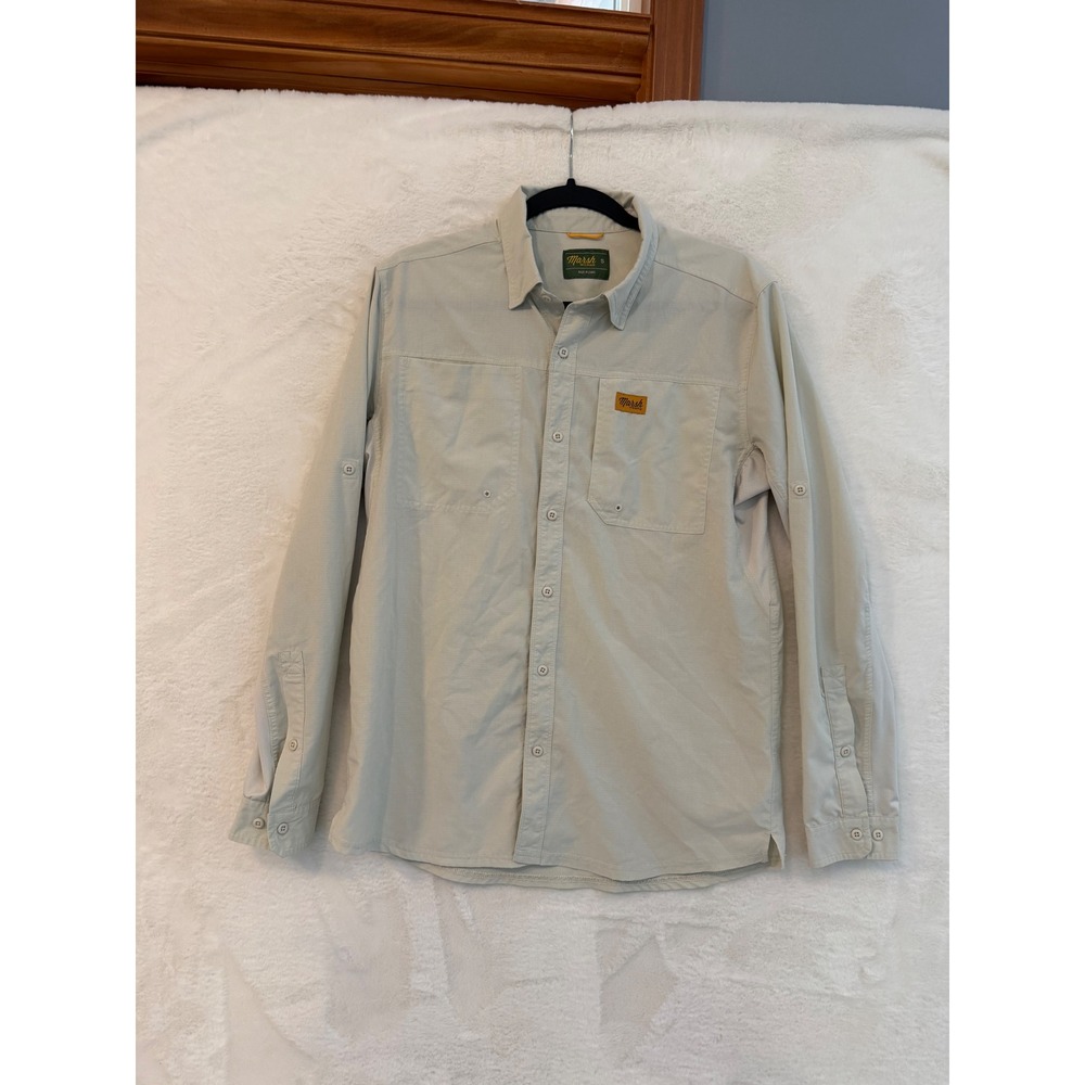 Marsh Wear Fishing Shirt Mens Small Long Sleeve Ripstop Performance Tan Stretch